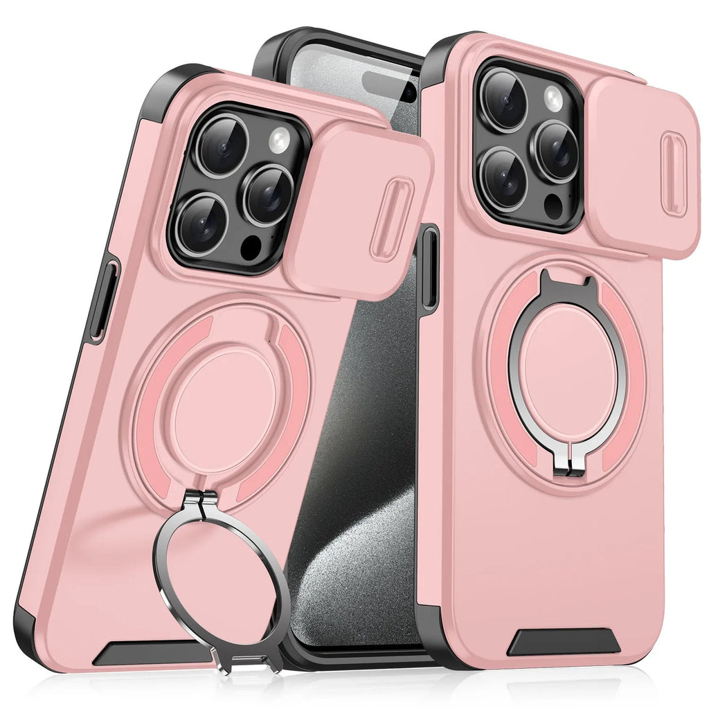 Sliding window bracket phone case for Apple iPhone in pink with magnetic PC shell and sprayed finish