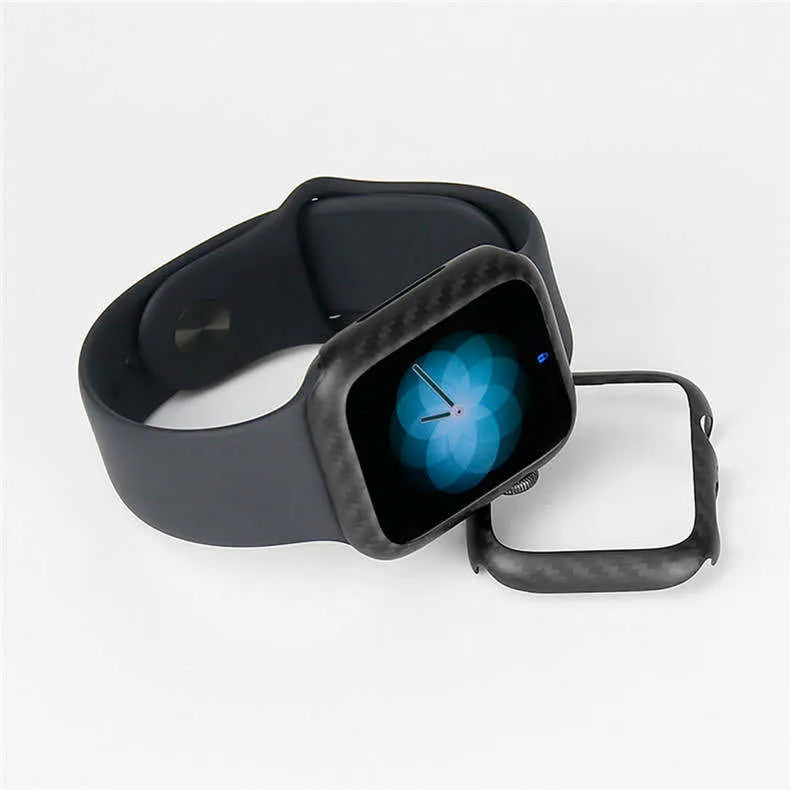 Apple Watch Series 4 half-wrap leather case in carbon fibre with bright black finish