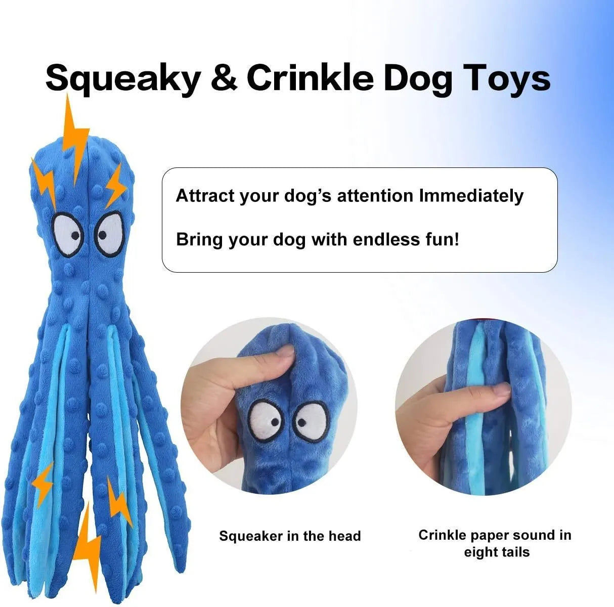 Blue unfilled octopus plush dog toy with crinkle and squeaker, shown next to a tape measure indicating its 32cm length.