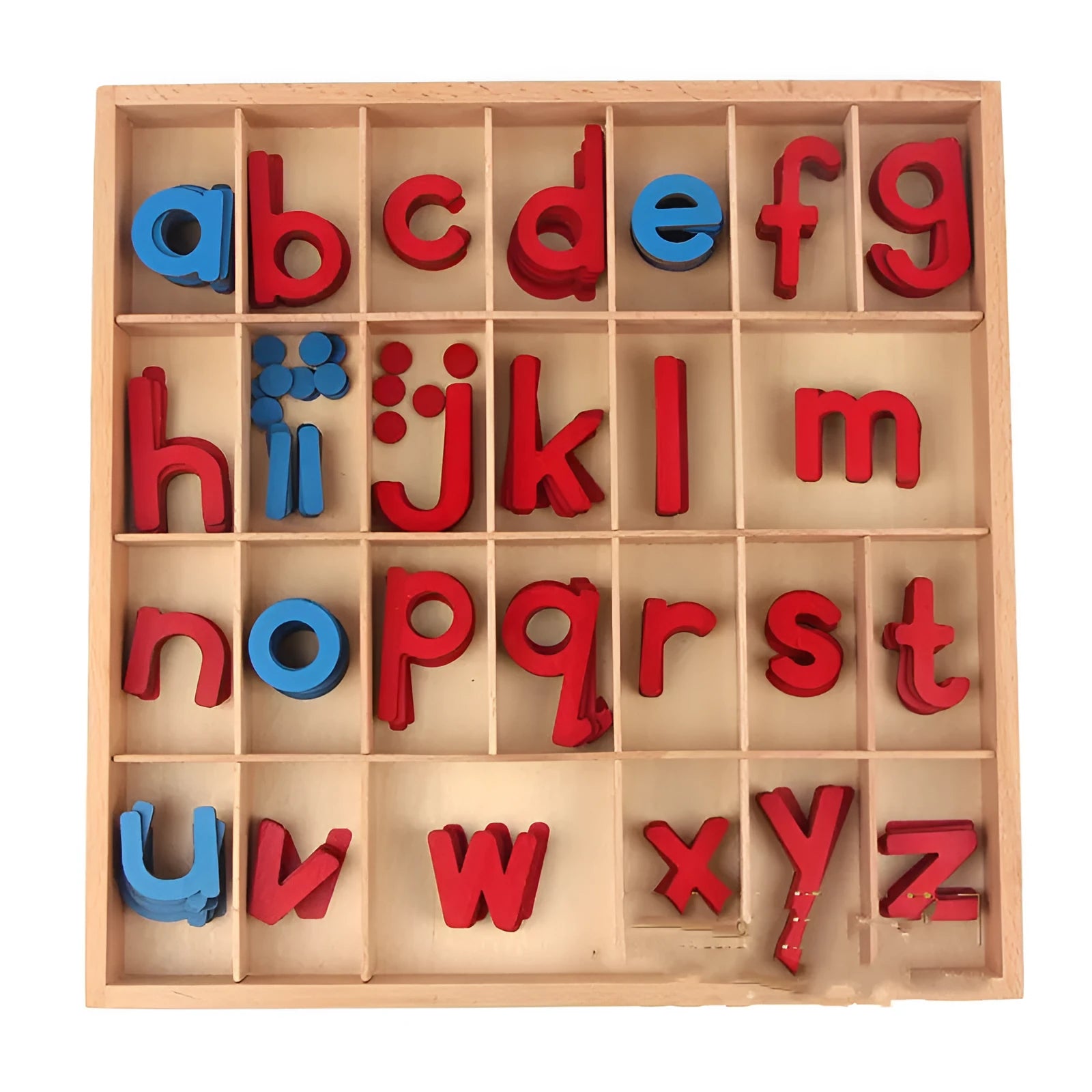 Montessori active letter box set with beech wood letter box and carpet on a table