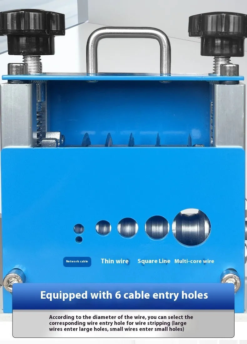 SD-017 manual wire stripping machine on a workbench, showing adjustable blades for cables from 0.5mm to 17mm diameter.