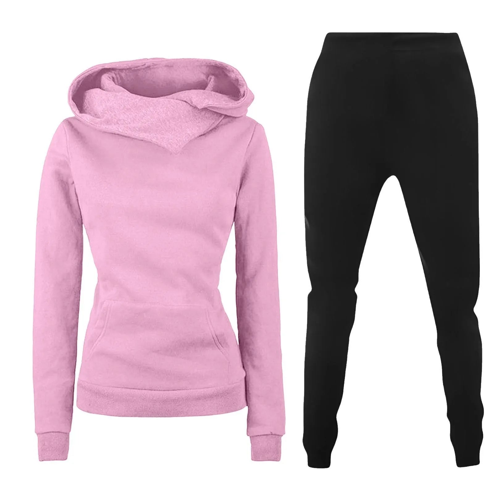 Ladies hooded sweater two-piece set in solid colour with long sleeves and jogger pants