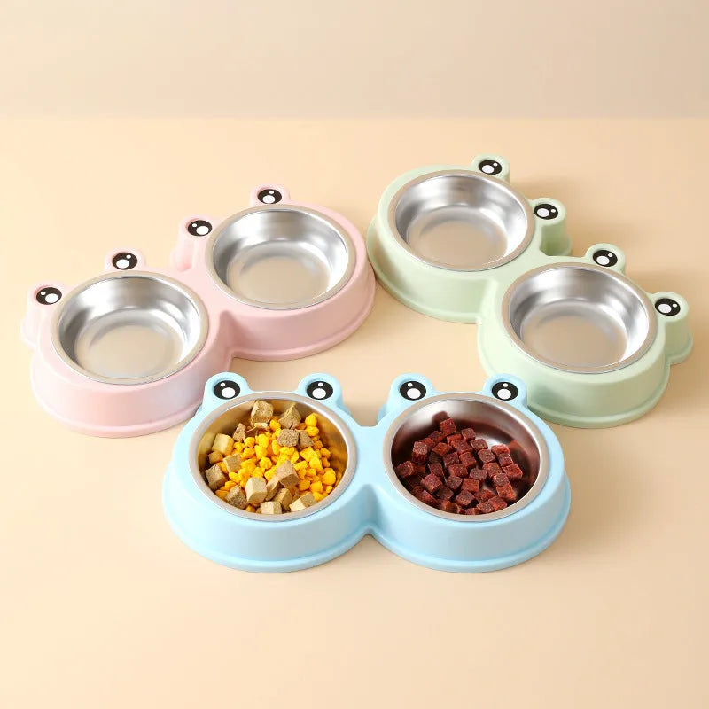 Stainless steel double pet bowl for food and water with a non-slip base and frog design, in blue colour.