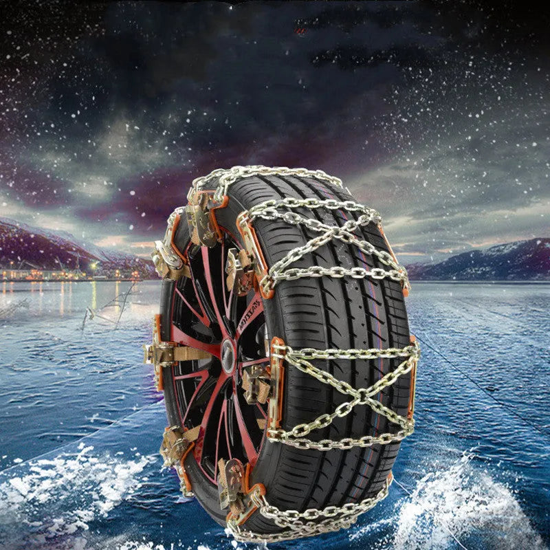 Car snow chain made of steel with Oxford pad and nylon tightening strap for winter tyre traction, approximately 40.5x15cm