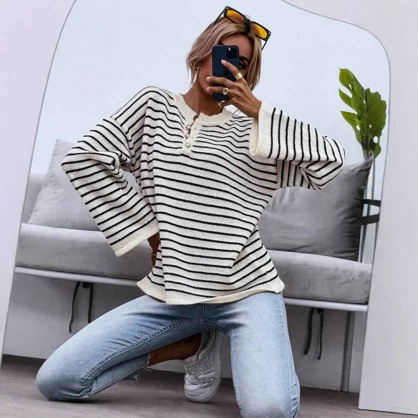Black striped women's loose top with drop shoulders and long sleeves in viscose fabric