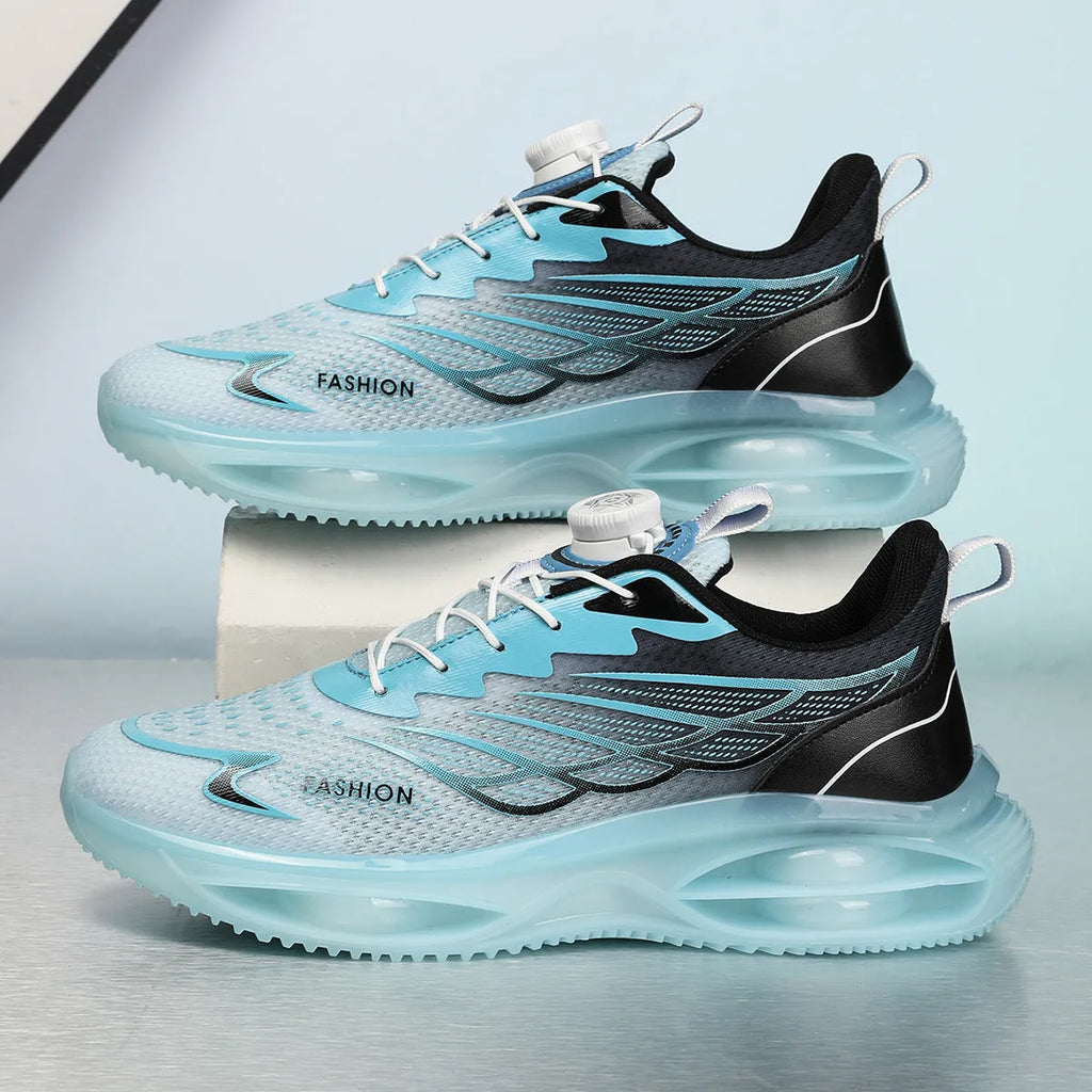 Low-top casual running shoes in sky blue, black gold, or white with PU mesh upper and rubber sole.