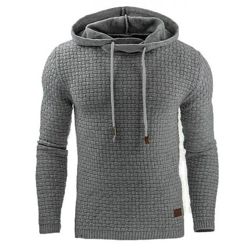 A men's hoodie sweater in a cotton and polyester blend, shown in one of nine available colours.