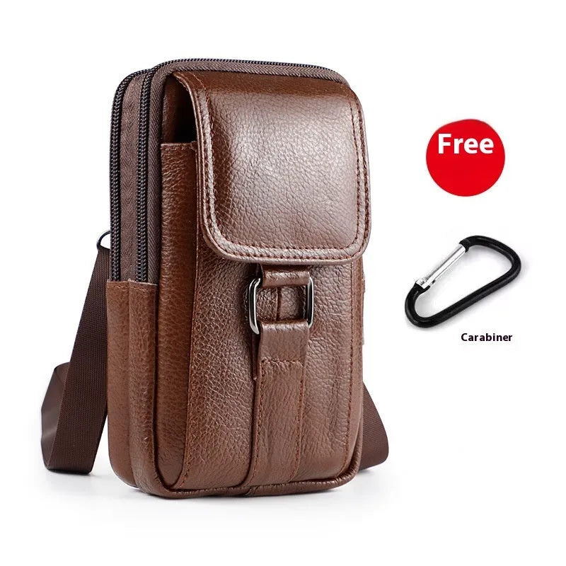Men's black genuine leather crossbody waist bag with a lock, shown in vertical square shape.