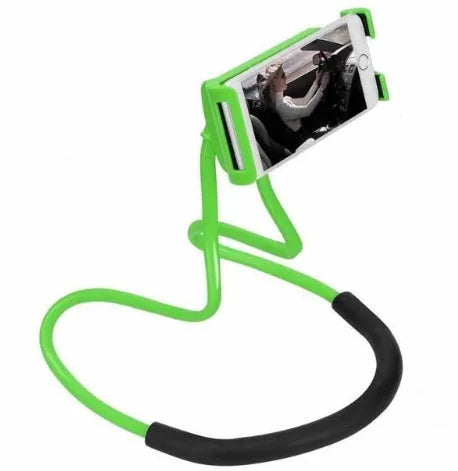 White universal neck phone holder with 360-degree rotating clamp holding a smartphone.