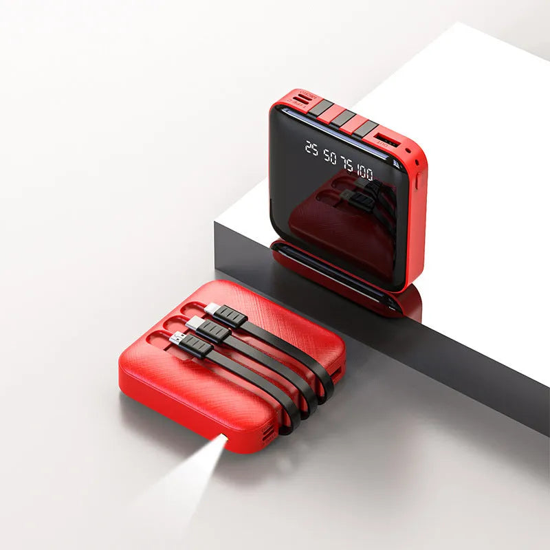 Square black power bank with attached USB cable showing dimensions of 80mm by 80mm