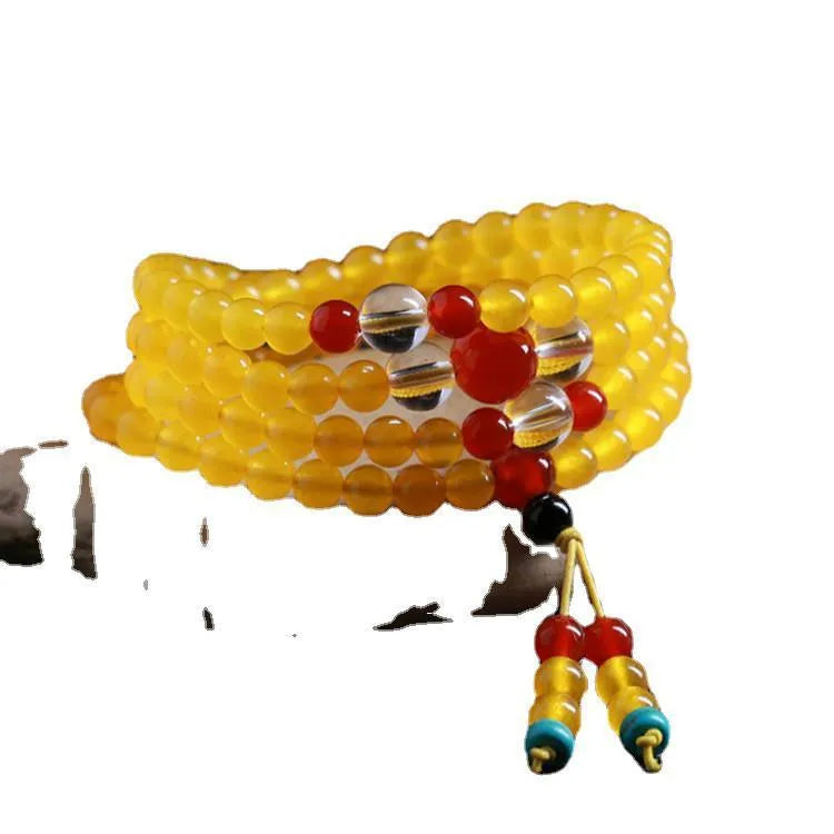108-bead agate and crystal canary stone necklace bracelet jewellery set with geometric beads and lucky cat charm