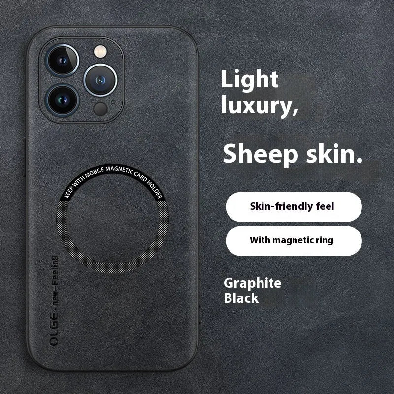 Magnetic sheepskin iPhone case in Graphite Black with built-in magnetic ring and all-inclusive drop-resistant PC shell