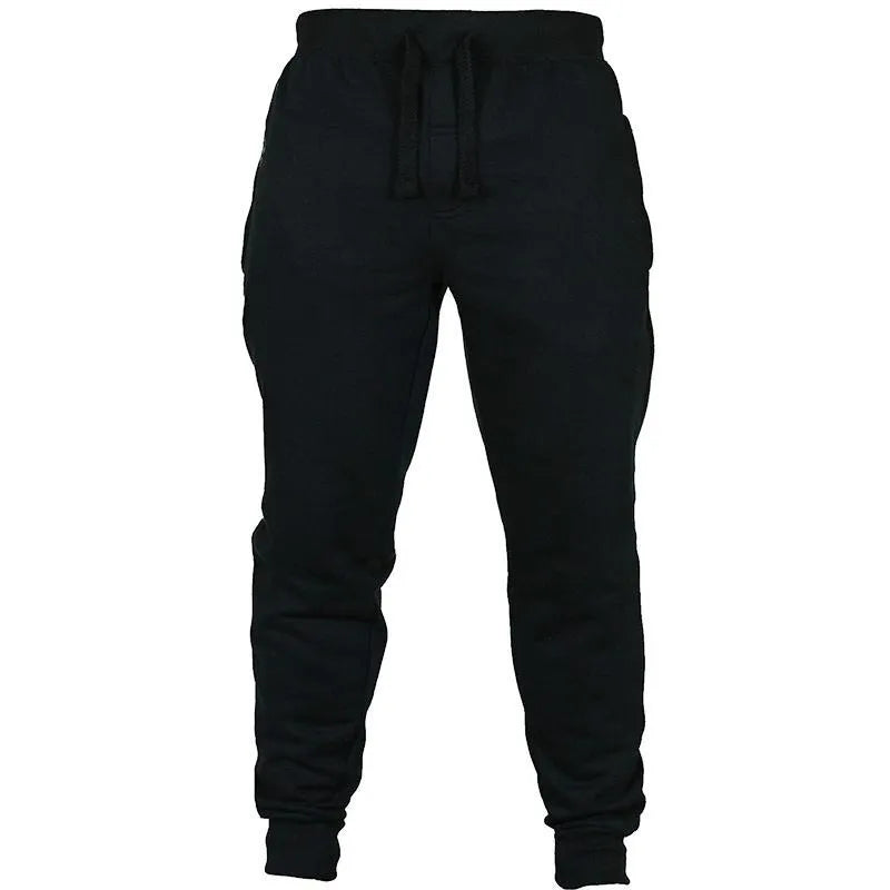 Men's solid colour fleece casual pants with drawstring waist and pencil pant silhouette