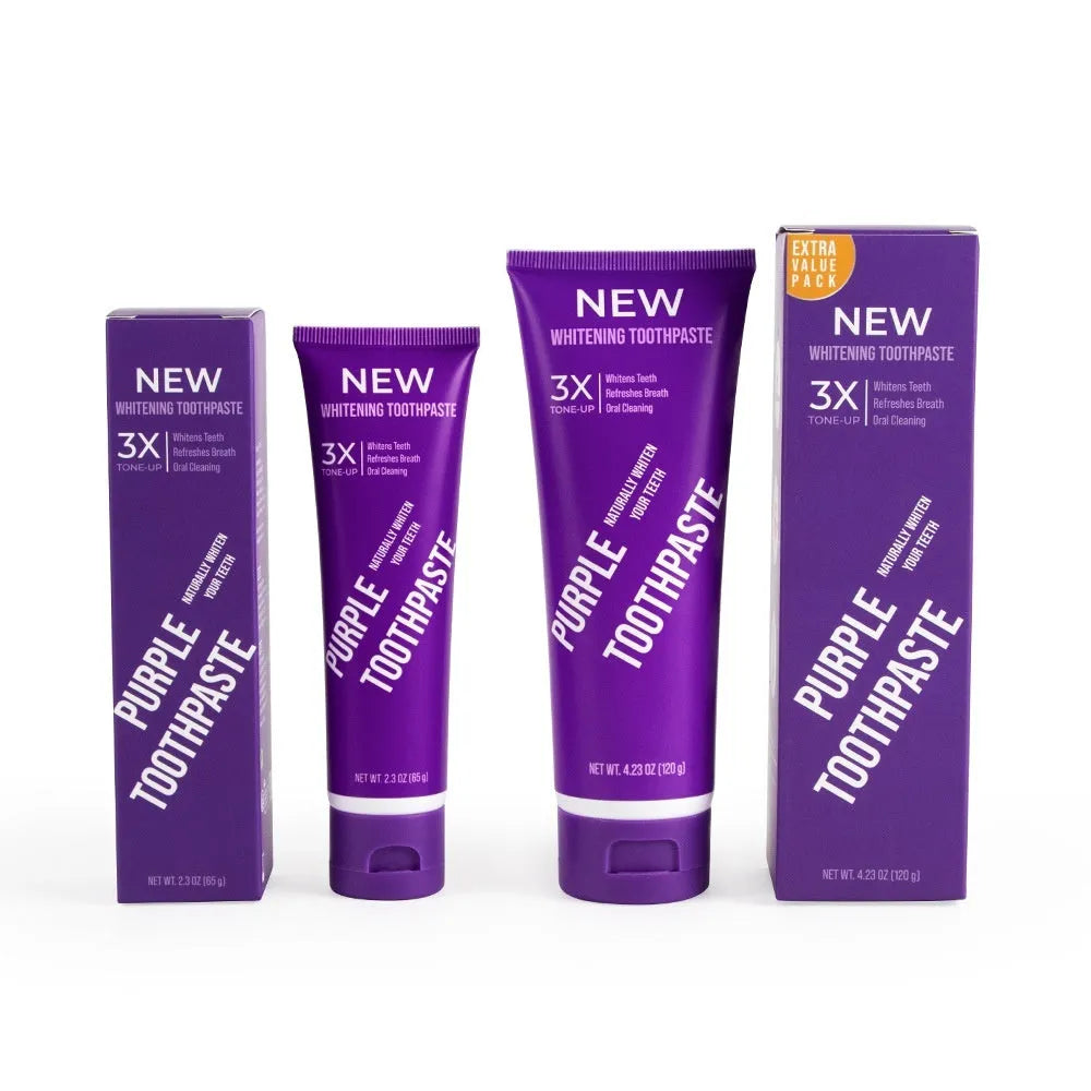 Purple whitening toothpaste tube for adults in 120g and 65g sizes for yellow stain removal