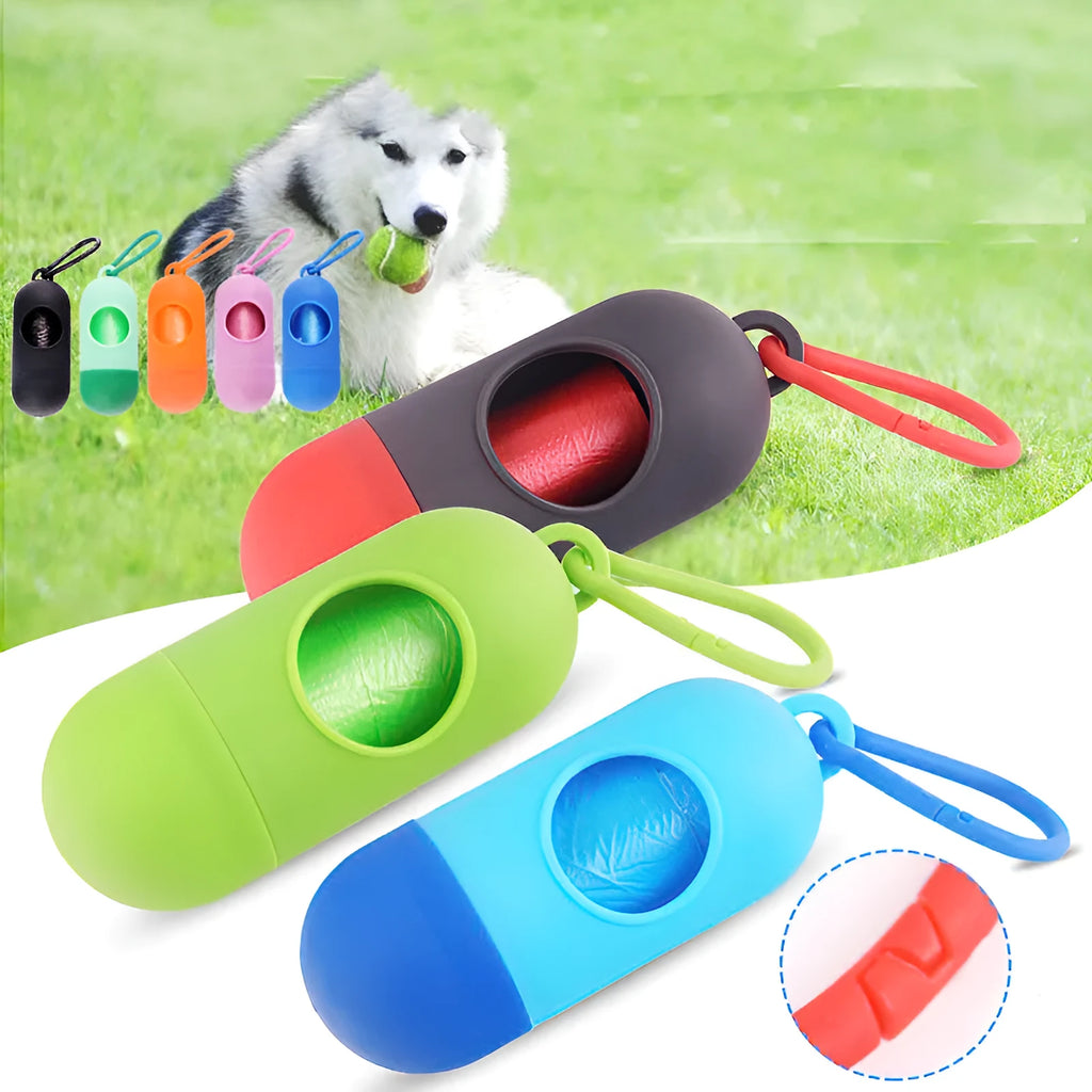 Black plastic dog poop bag dispenser with Velcro strap and a side metal hook.