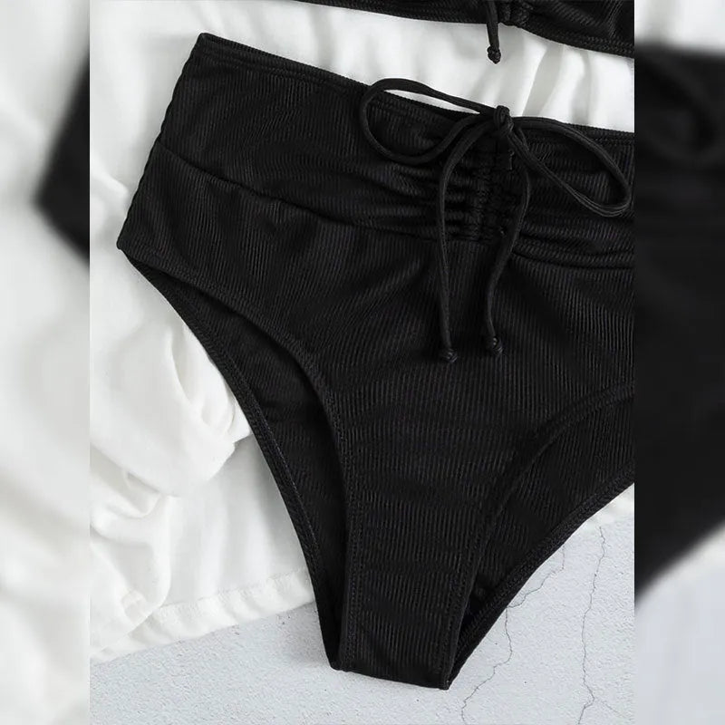 Black women's bikini swimsuit with sling split and high waist shorts