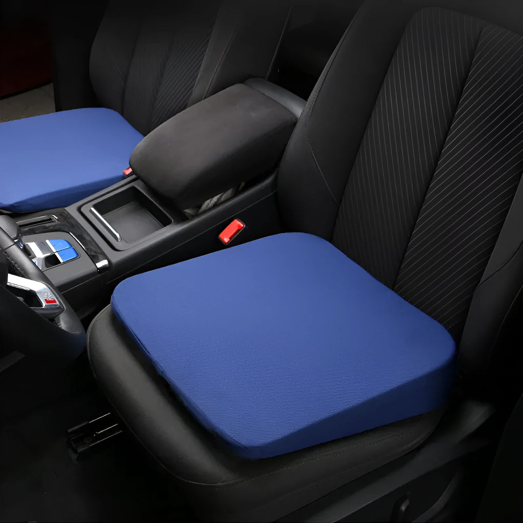 Black thick car seat cushion measuring 42cm by 39cm by 6cm for height and posture support.