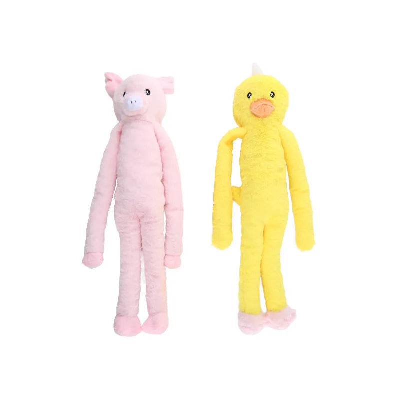 Pink and yellow interactive plush dog toy with rattle sound for large breed chewing and dental care.
