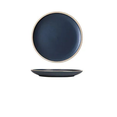 10-inch pure blue matte finish ceramic dinner plate on a table.