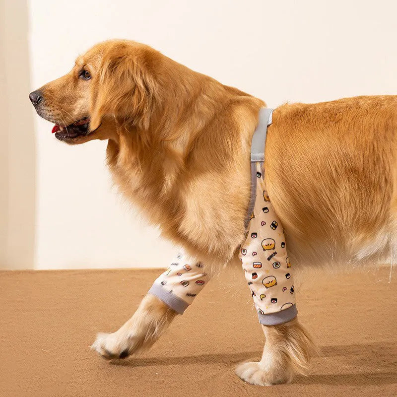 Blue dog elbow support sleeve with padded patch and matching scarf, shown with plastic buckle adjustment.