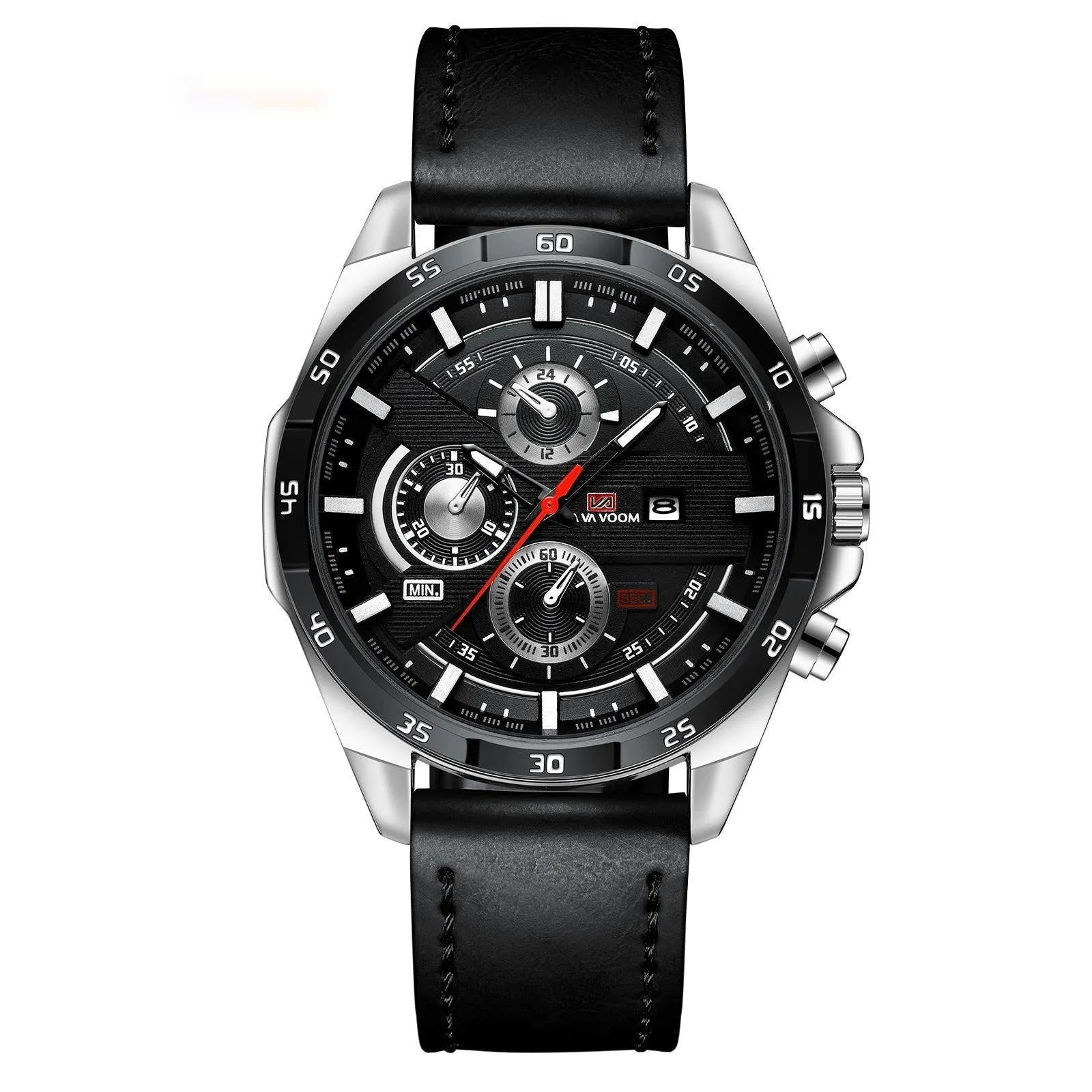 Men's casual quartz watch with business calendar on dial, showing black leather strap and rose gold case option.