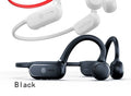 Black air conduction Bluetooth wireless earphone with titanium wire frame shown hanging over a pair of glasses.
