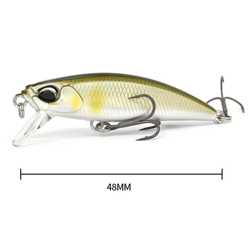 Tossing Japanese Submerged Mino hard fishing lure, 48mm long, shown in one of fourteen colour variations for predator fishing.