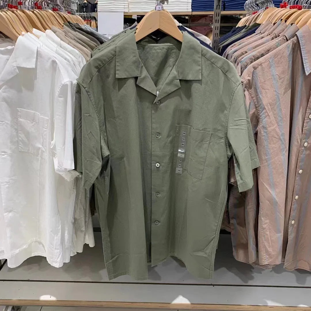 Men's modal cotton open collar shirt in beige, olive, white, and black colours with cardigan style and collage stitching