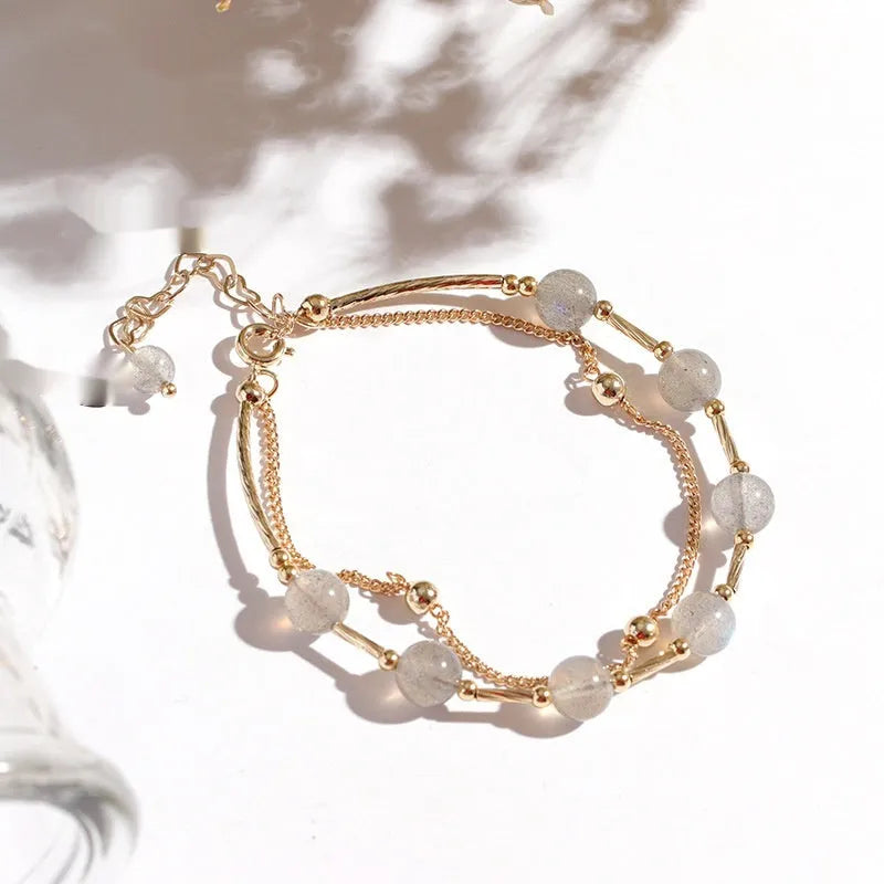 Korean-style women's crystal bracelet with double-layer moonstone design and copper tube framework