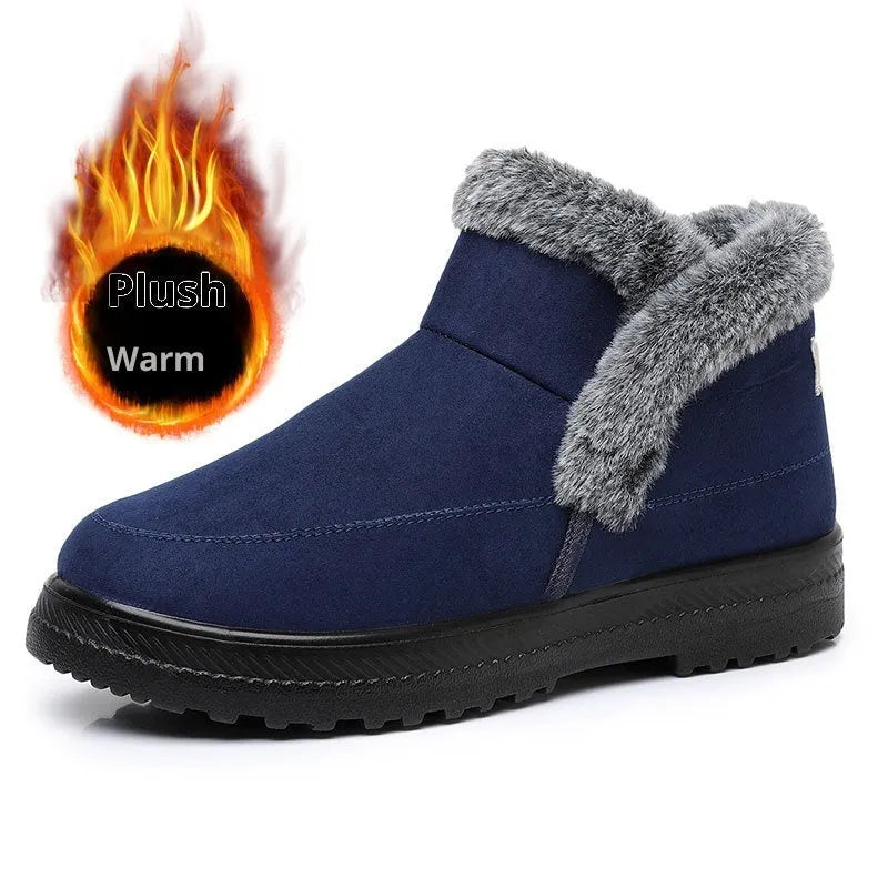 Women's cotton snow boots with plush lining, flat wedge heel, available in black, camel, blue, sizes 36-43.