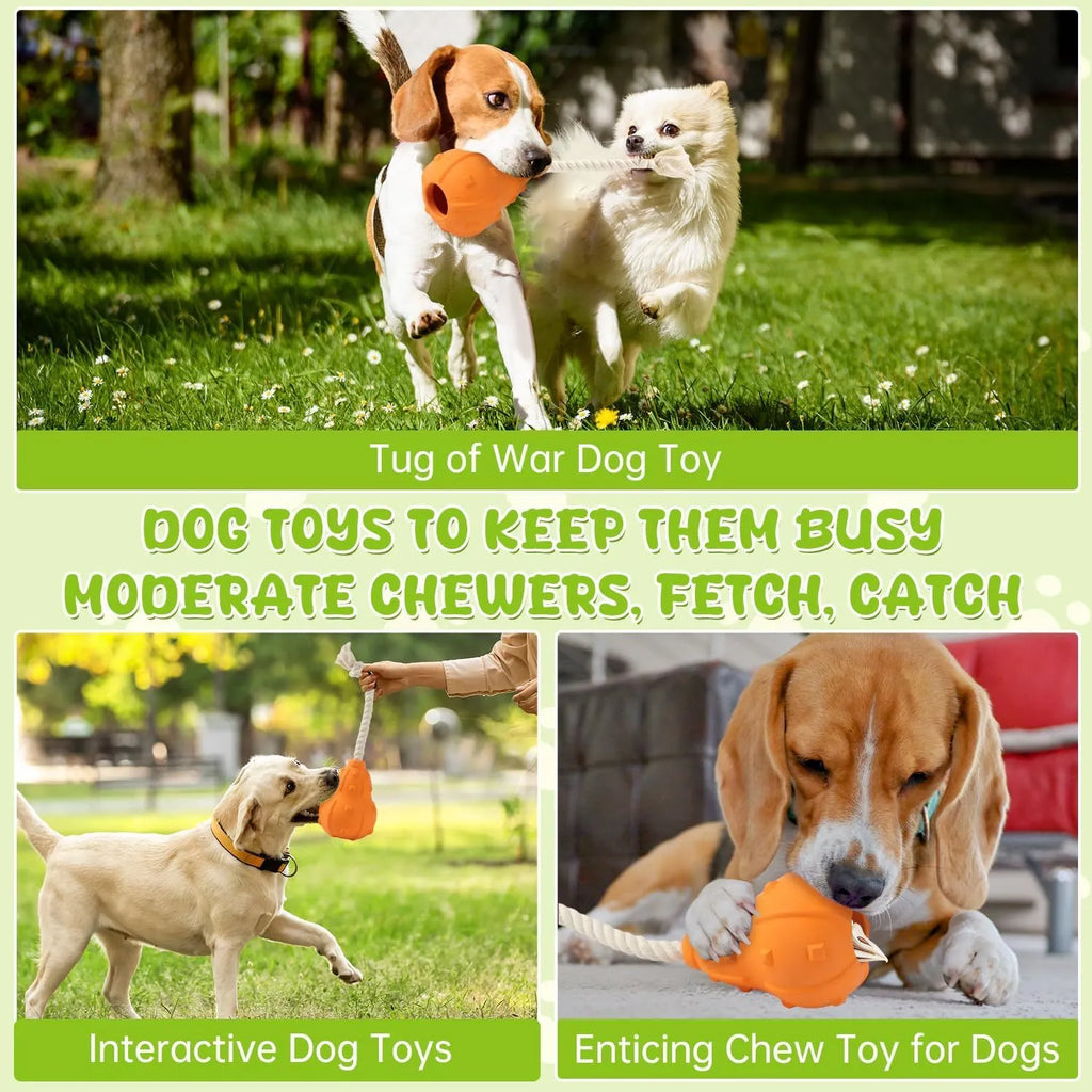 Natural rubber stuffable dog toy for small medium breeds with longer strap for fetch and treat dispensing