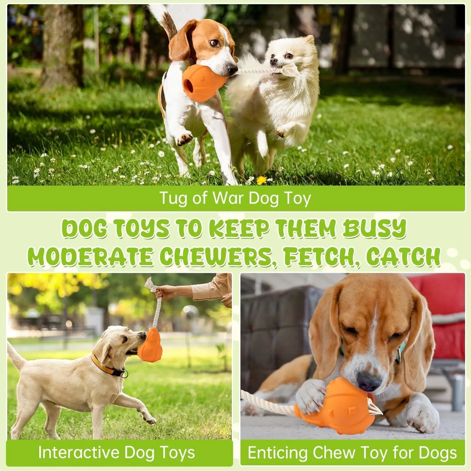 Natural rubber stuffable dog toy for small medium breeds with longer strap for fetch and treat dispensing