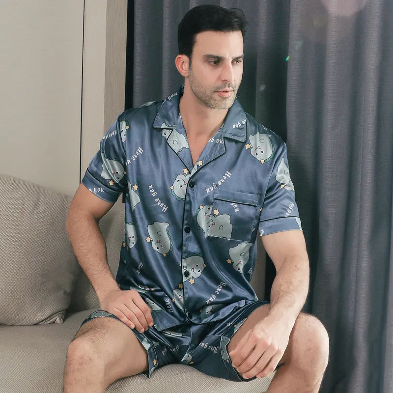Men's ice silk short sleeve pyjamas set cardigan style in picture colour