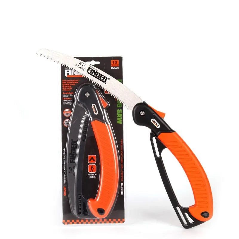 Orange handled folding garden saw with a 9 inch steel blade shown both open and closed.