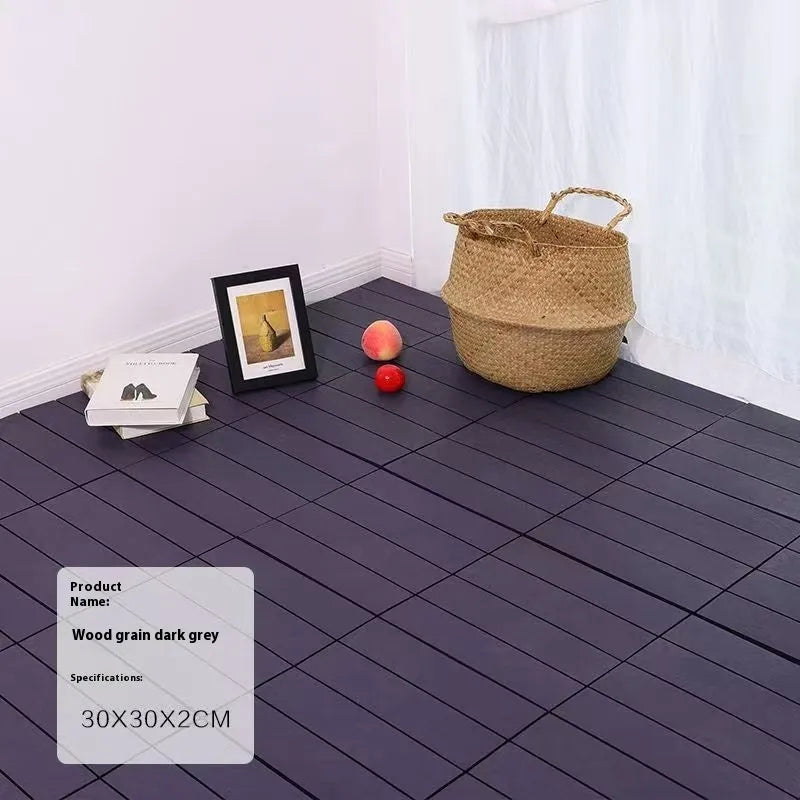 Plastic interlocking floor tile with wood grain finish and non-slip surface, 300mm x 300mm size