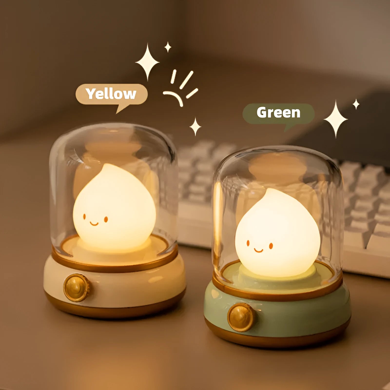 Retro oil lamp style USB rechargeable night light in green or yellow colour options