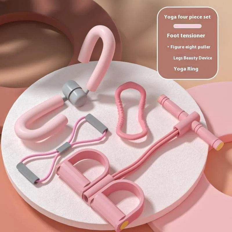 Yoga four piece fitness set with leg stretcher, pedal device, yoga ring, and tension rope.