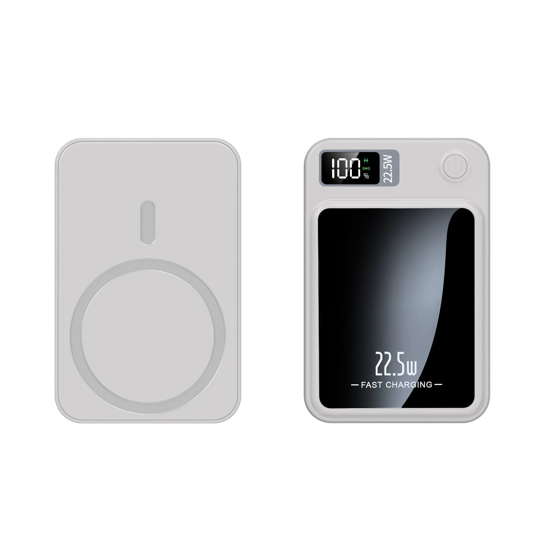 Wireless MagSafe power bank in black, showing industrial style plastic shell and compact rectangular shape.