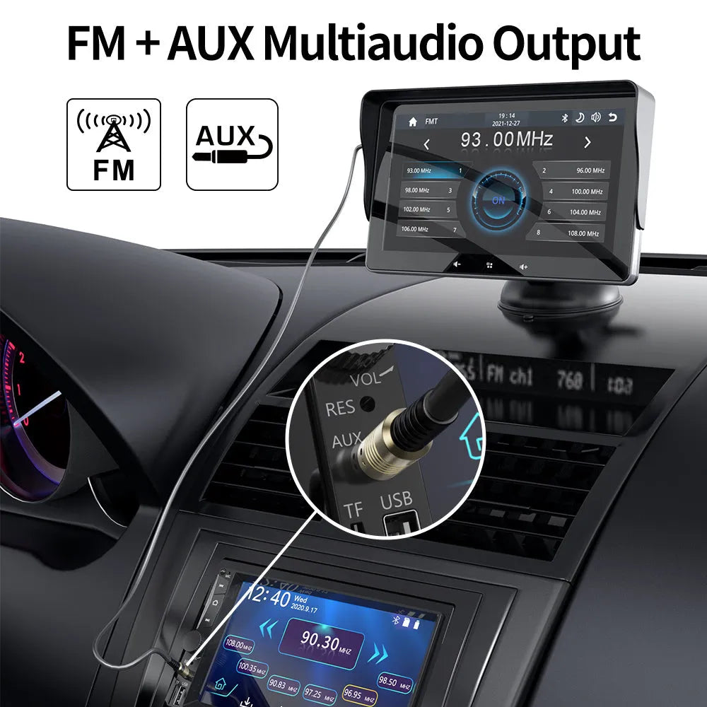 7-inch universal wireless CarPlay display for cars with suction cup mount and cigarette lighter cable.