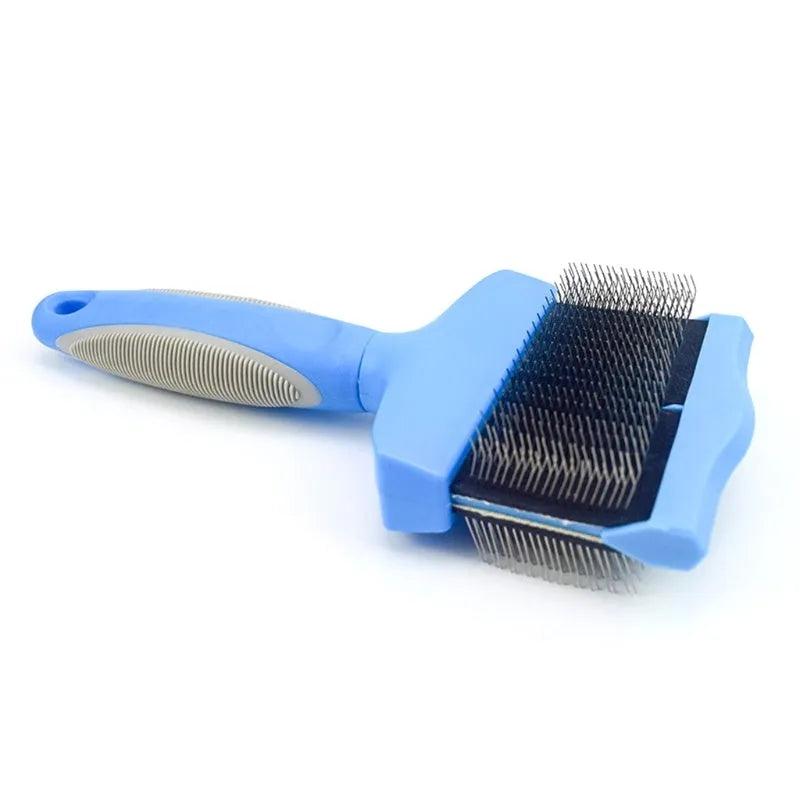 Blue double-sided pet brush with stainless steel pins on one side and soft bristles on the other, showing ergonomic handle.