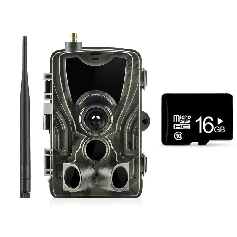Outdoor surveillance camera with camouflage finish showing 1080p resolution and wide-angle lens specifications