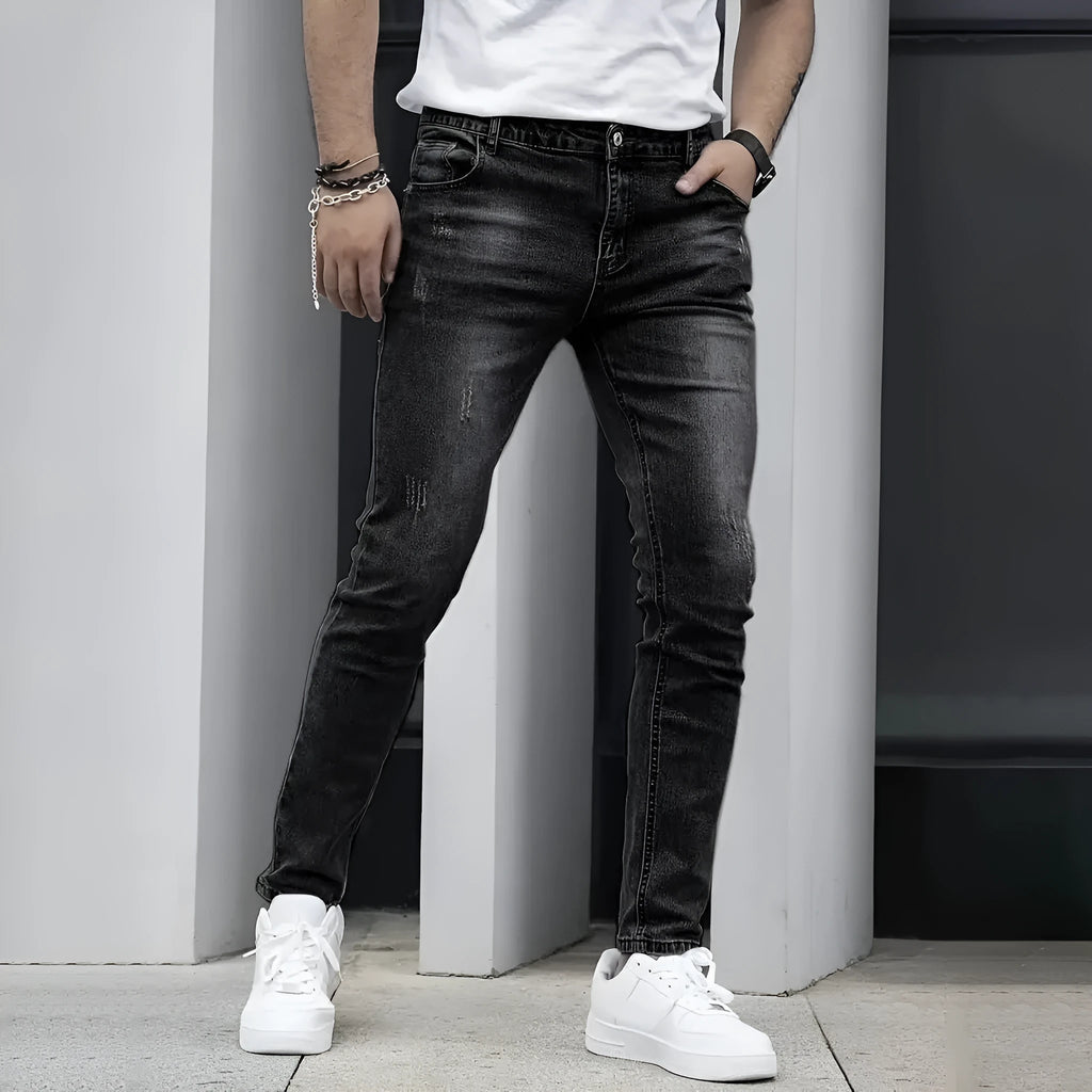 Men's stretch cotton jeans in straight leg cut available in black, dark blue and grey colours