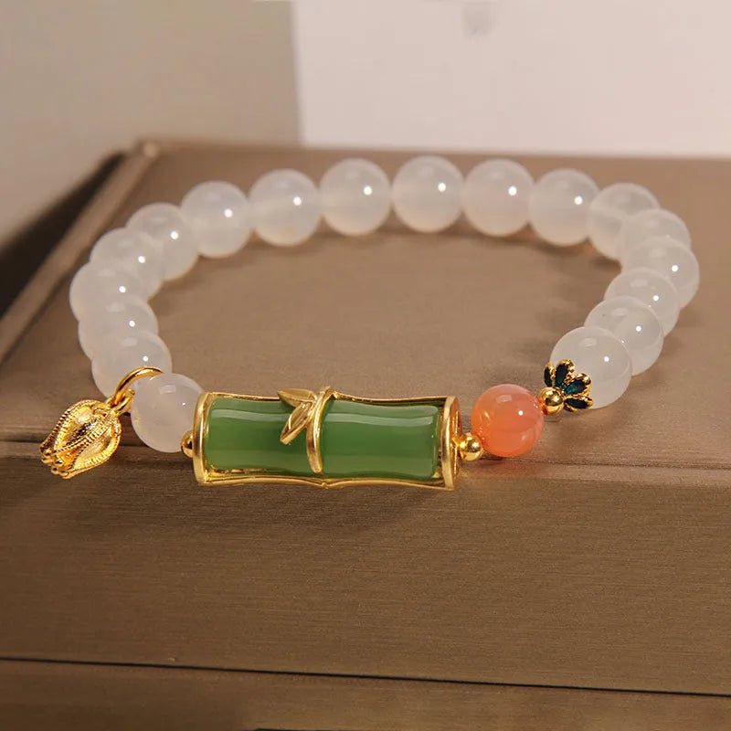 White agate jade Chinese style bamboo joint bracelet with retro luxury design for women
