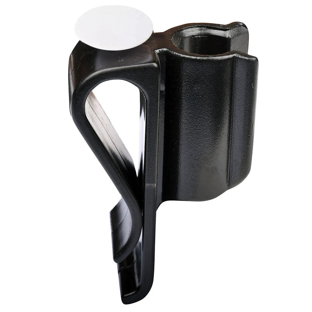 Black plastic golf putter fixing clip holder attached to a golf bag