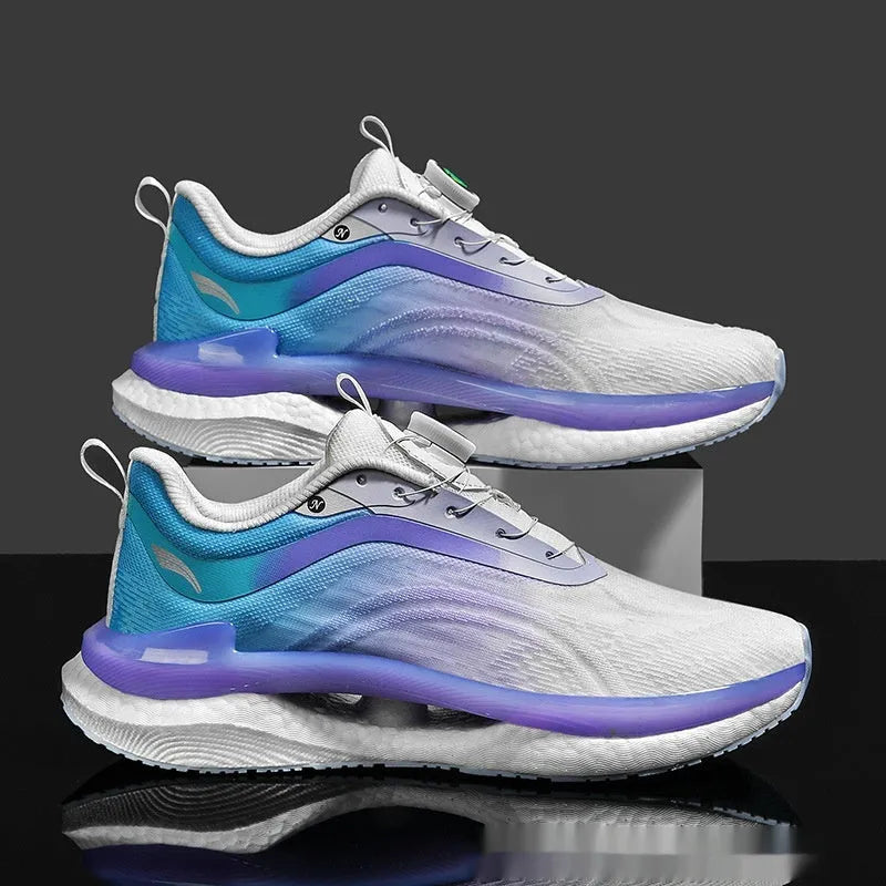 Men's high-top breathable mesh running sneaker in cotton candy colour with buckle closure.