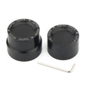 Black CNC aluminium front and rear axle decorative cap covers for Harley Sportster motorcycle.