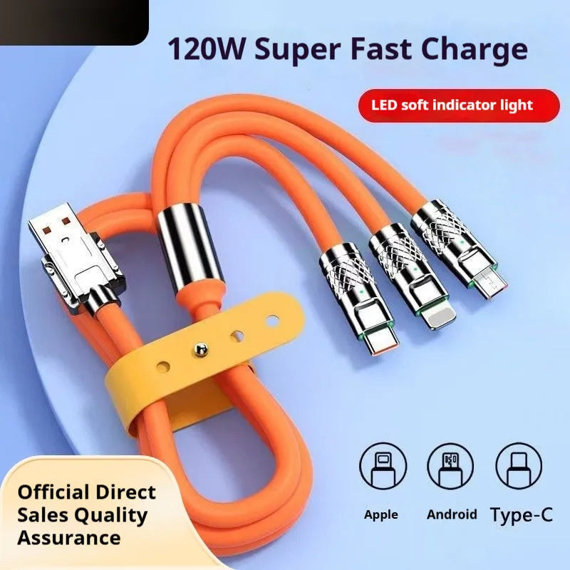 Orange silicone three-in-one charging cable for Android and Apple devices