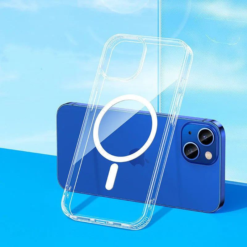Transparent MagSafe magnetic protective case for Apple iPhone 13 smartphone.