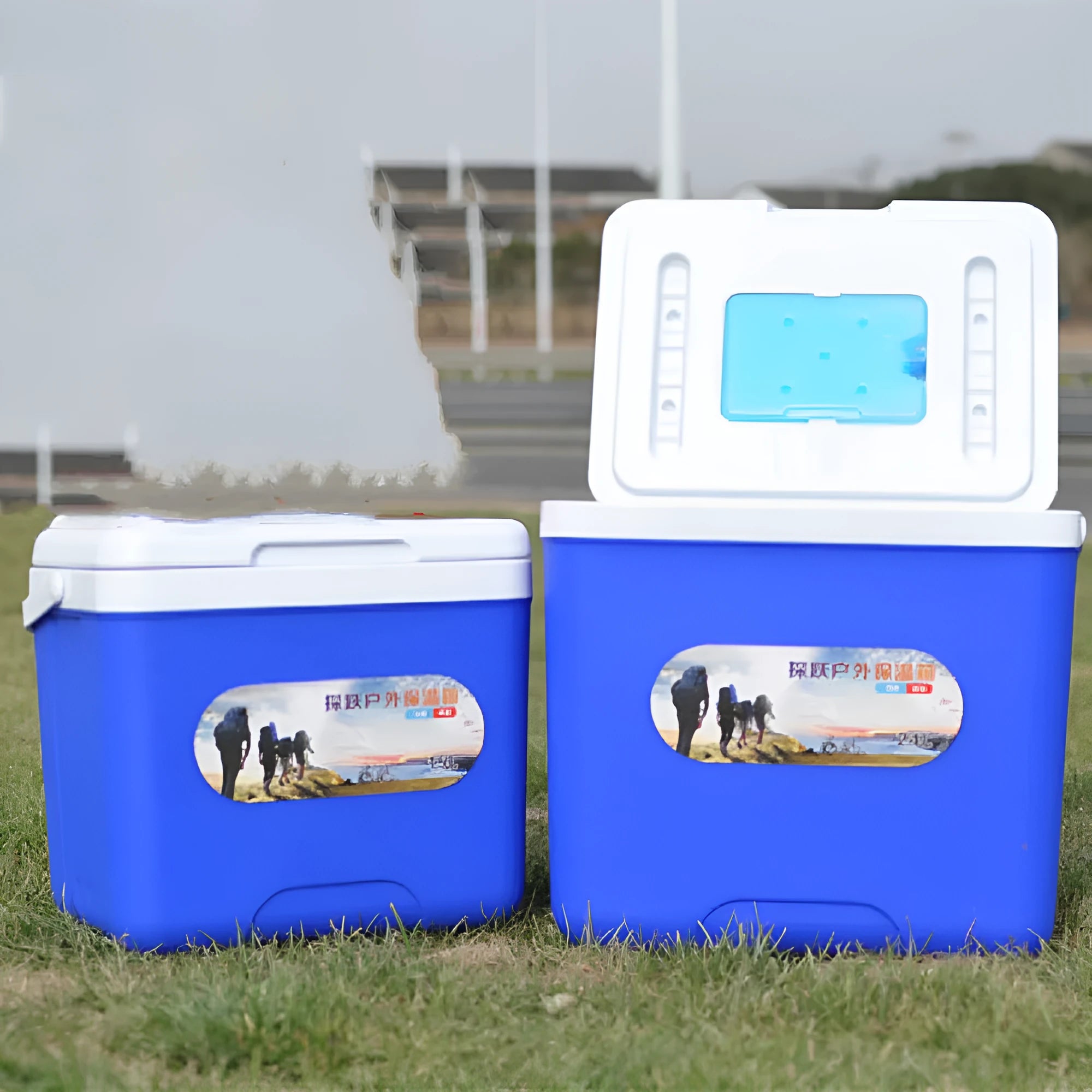 Blue portable insulated cooler box with lid, showing aluminium foil interior.