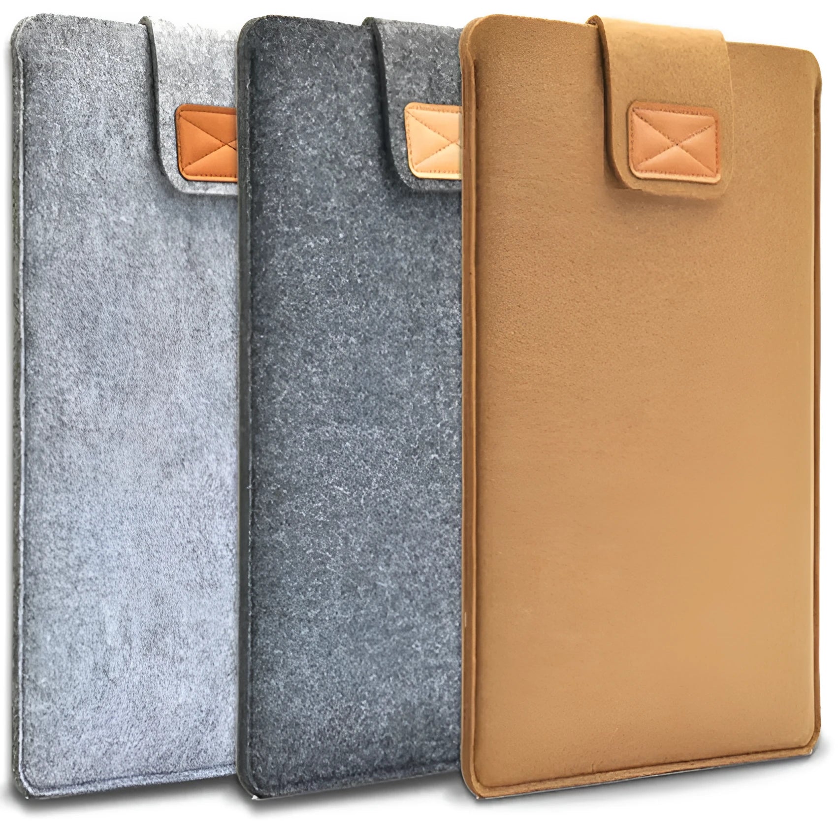 Dark grey plush felt vertical clutch laptop bag showing clamshell opening and structured interior.